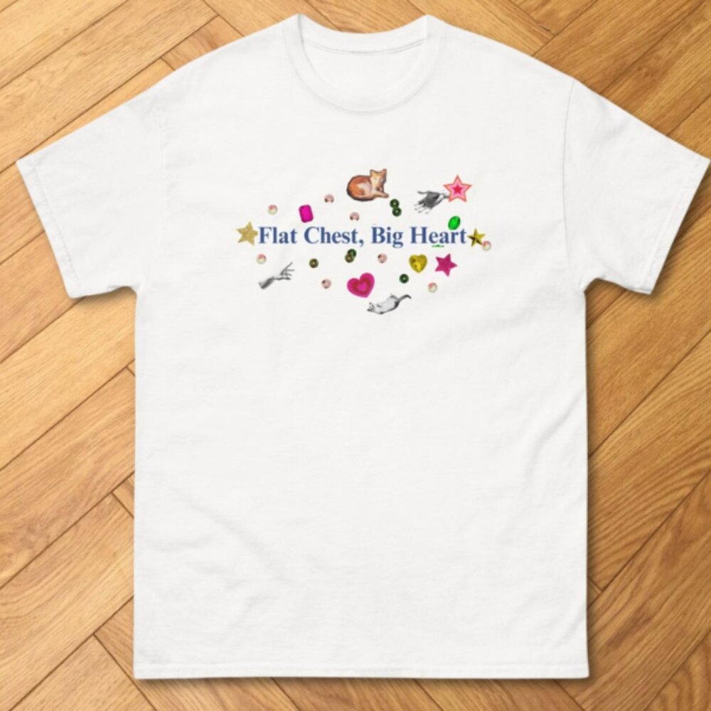 White Flat Chest Big Heart Cat & Stars Graphic Positive Tee